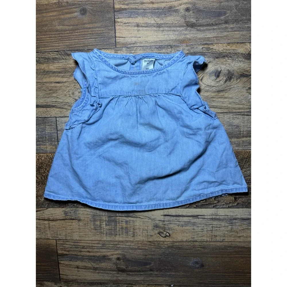OshKosh B'gosh Flutter Sleeve Chambray Top 9M Blue Denim Baby Girl Blouse‎